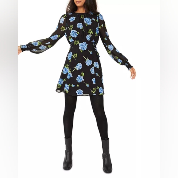 Free People Samantha black blue lace up floral long sleeve chiffon mini dress XL - Picture 2 of 13